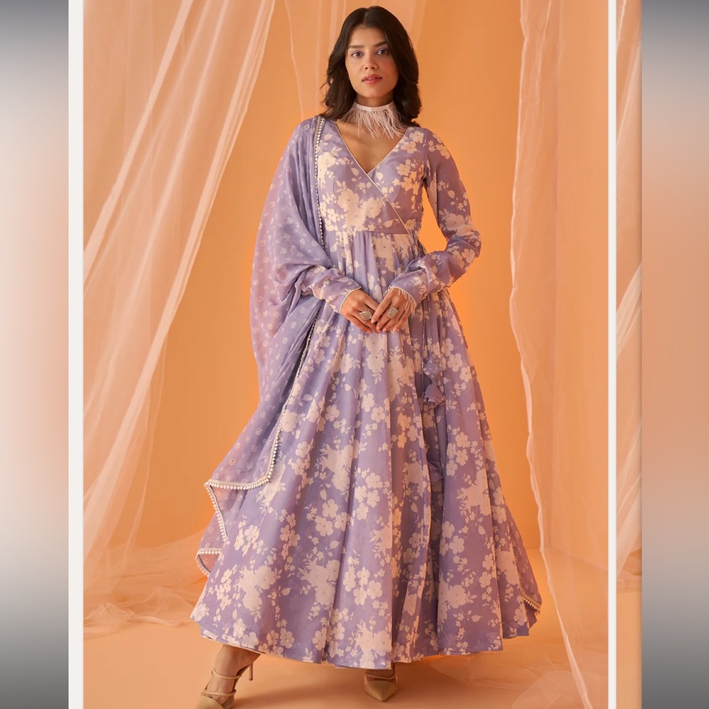Dusty Periwinkle White Floral Printed Anarkali